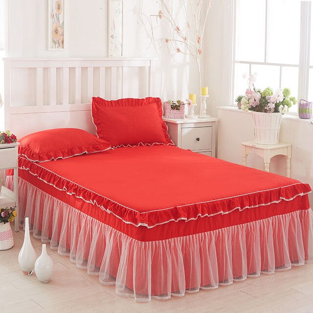 Creamy Pink Lotus Leaf Lace Bed Skirts Princess Style Solid Colo