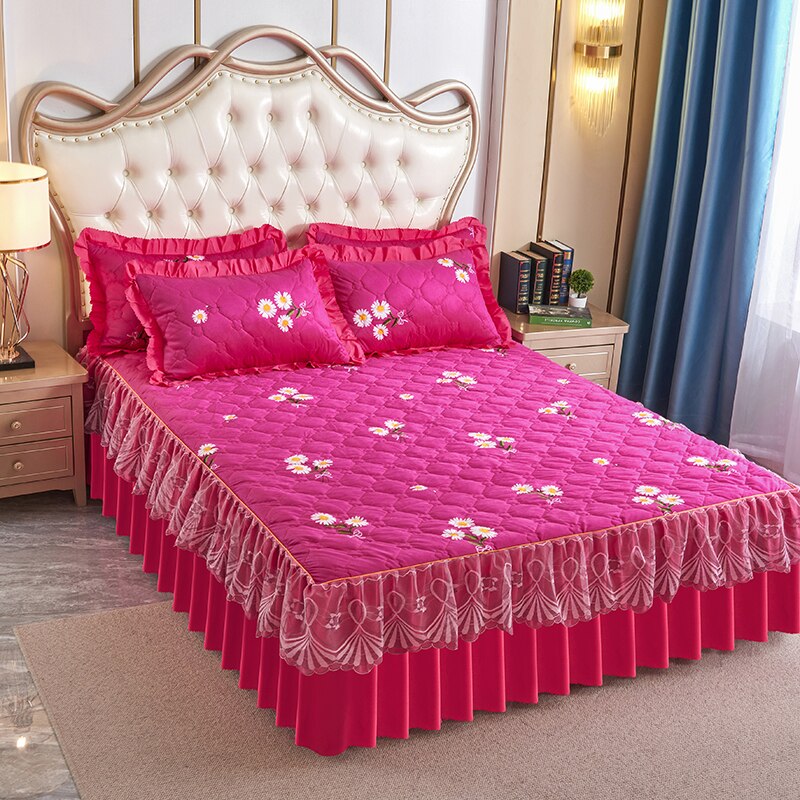 Rose Red Winter Bedspread on The Bed Thick Home Lace Bed Skirt-s