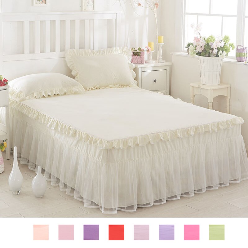 White Pink Lotus Leaf Lace Bed Skirts Princess Style Solid Color