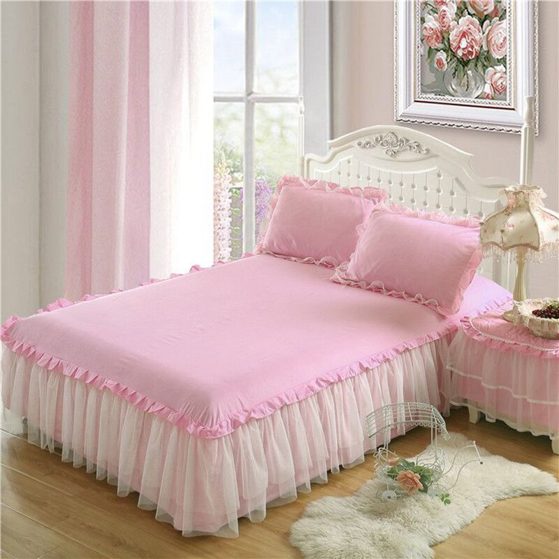 Princess Girls Lace Pink Bed Skirt Bedding Bedspreads Sheet Pink