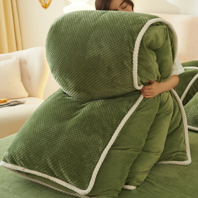 Winter Flannel Avocado Green Quilt Cover Soft Warm Coral Fleece