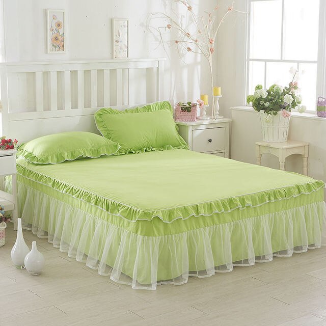Green White Lotus Leaf Lace Bed Skirts Princess Style Solid Colo