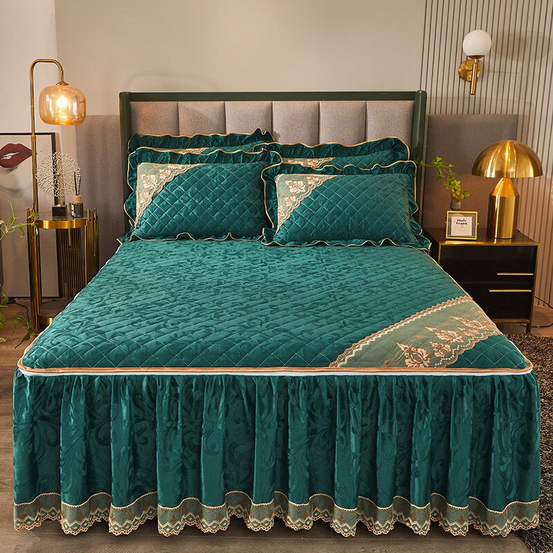 Luxury Crystal Velvet Lace Bed Skirt Bedspread Thick Removable B