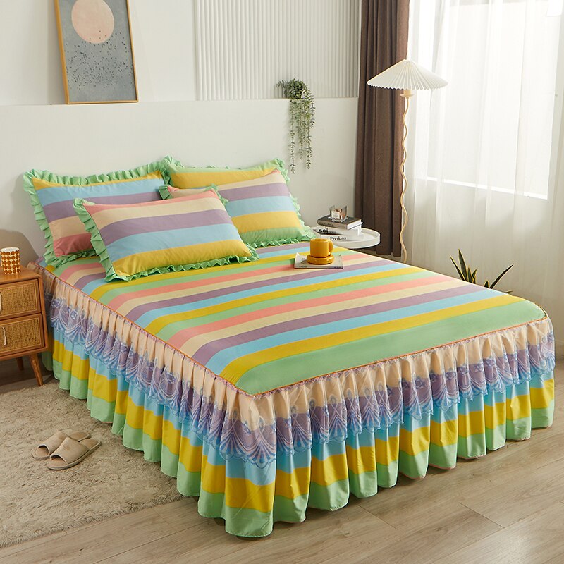 Princess Style Lace Bed Skirt Lotus Leaf Rainbow Stripes Bedspre