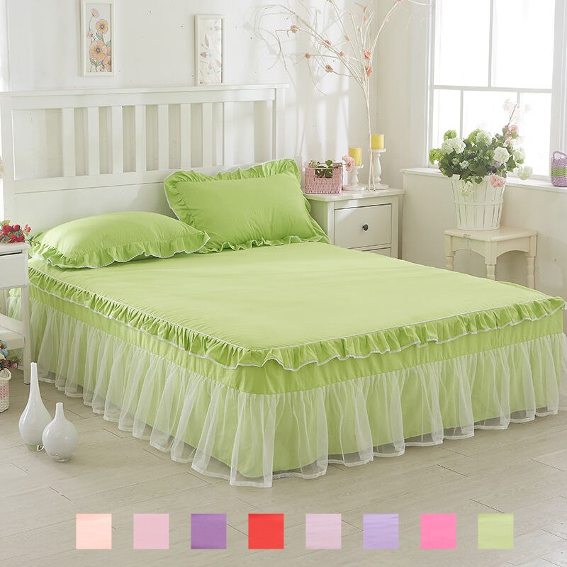 Princess Style Green Pink Lotus Leaf Lace Bed Skirts Solid Color