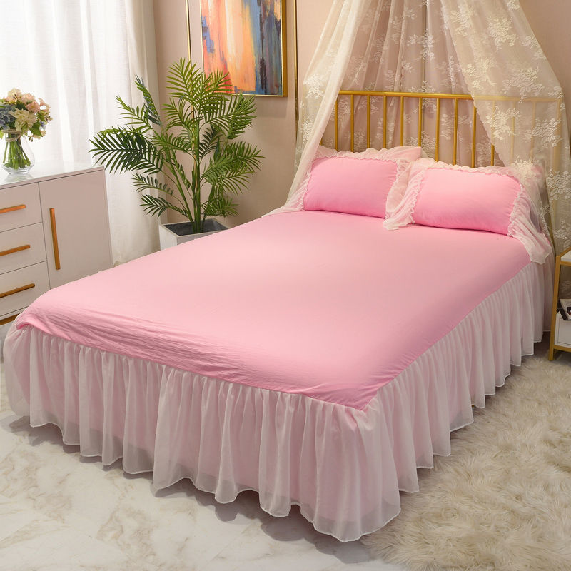 Pink Lace Lotus Leaf Lace Bed Skirts Princess Style Solid Color