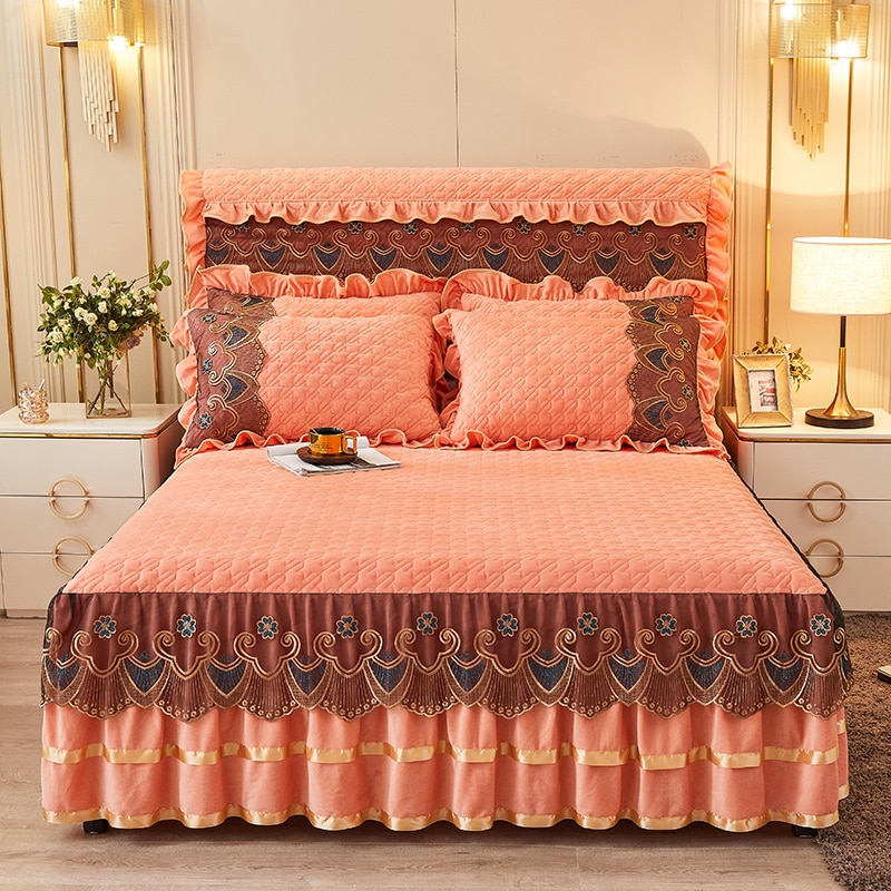 Luxury Lace Orange Winter Bedspread Thick Home Bed Skirt-style B