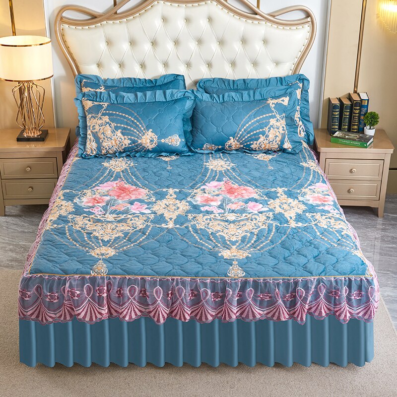 Luxury Blue Winter Bedspread on The Bed Thick Home Lace Bed Skir