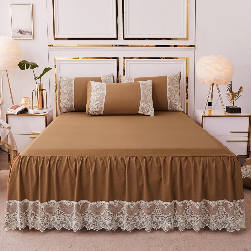 Brown Lace Lotus Leaf Lace Bed Skirts Princess Style Solid Color