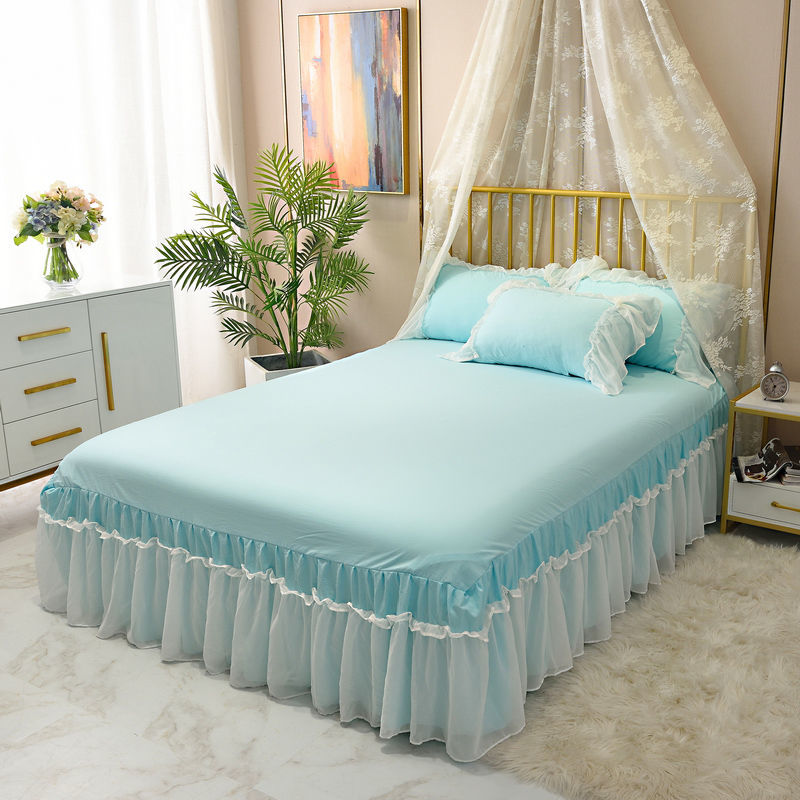 Blue Pink Lace Lotus Leaf Lace Bed Skirts Princess Style Solid C