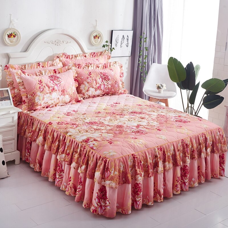 Luxury Flowers Print Thickened Bed Skirt Bedspread Thick Home Be