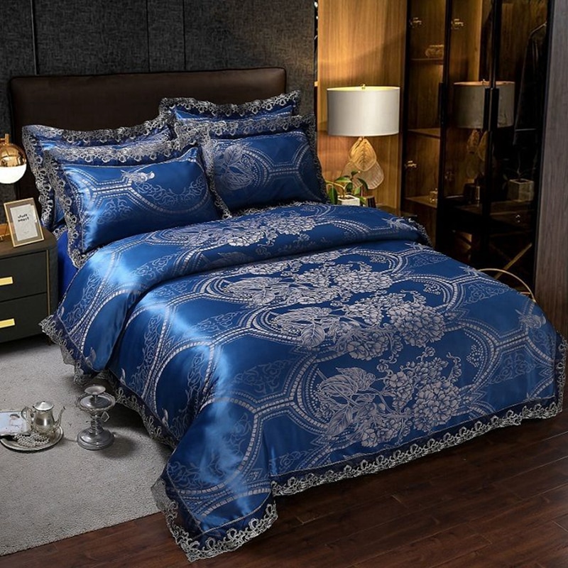 Blue Court Style Duvet Cover Queen Size Lace Bedclothes Comforte - Click Image to Close