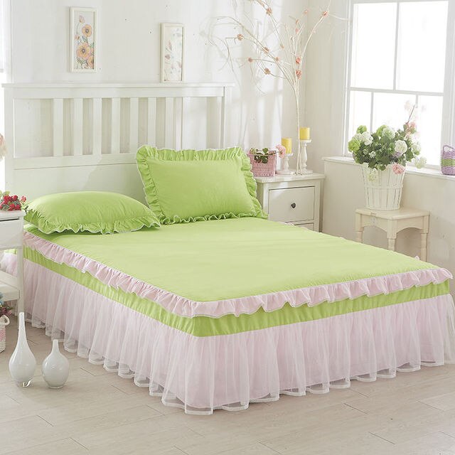 Green White Lotus Leaf Lace Bed Skirts Princess Style Solid Colo