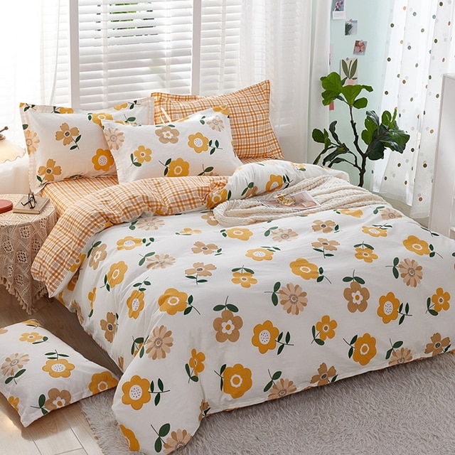 100% Cotton Bedding Set Flowers Printing Duvet Cover + Pillowcas